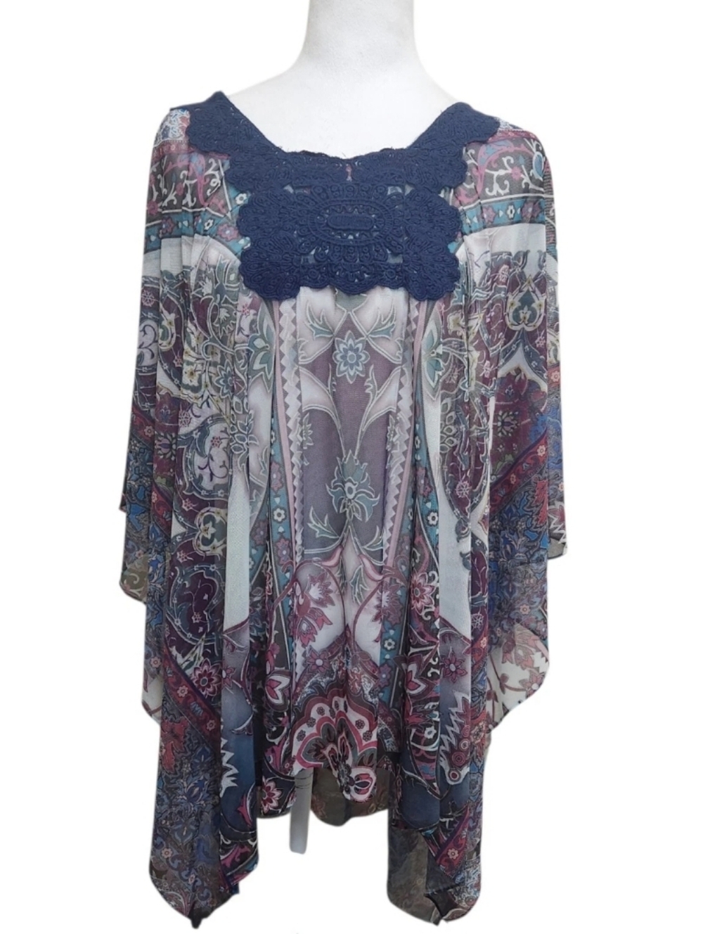 One World Blue Poncho Blouse Women XL Sheer Crochet Floral Boho Fairy Whimsy Y2K
